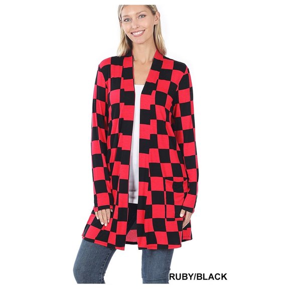 Red & Black Buffalo Print Duster with Pockets Long Thigh Length Check Print - Picture 2 of 4